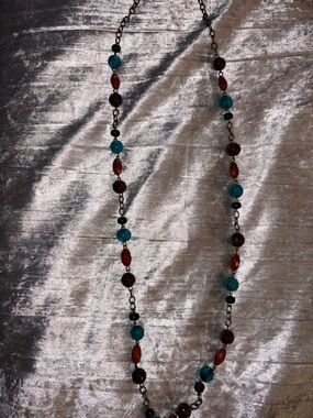 Long Beaded Necklace with Teal and Burgundy Accents